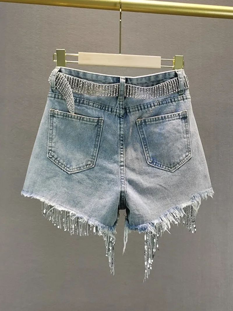 

Women Denim Shorts 2020 Summer New High Waist Slimming Heavy Industry Beaded Sequin Tassels Hole Wide Leg Short Harajuku Shorts