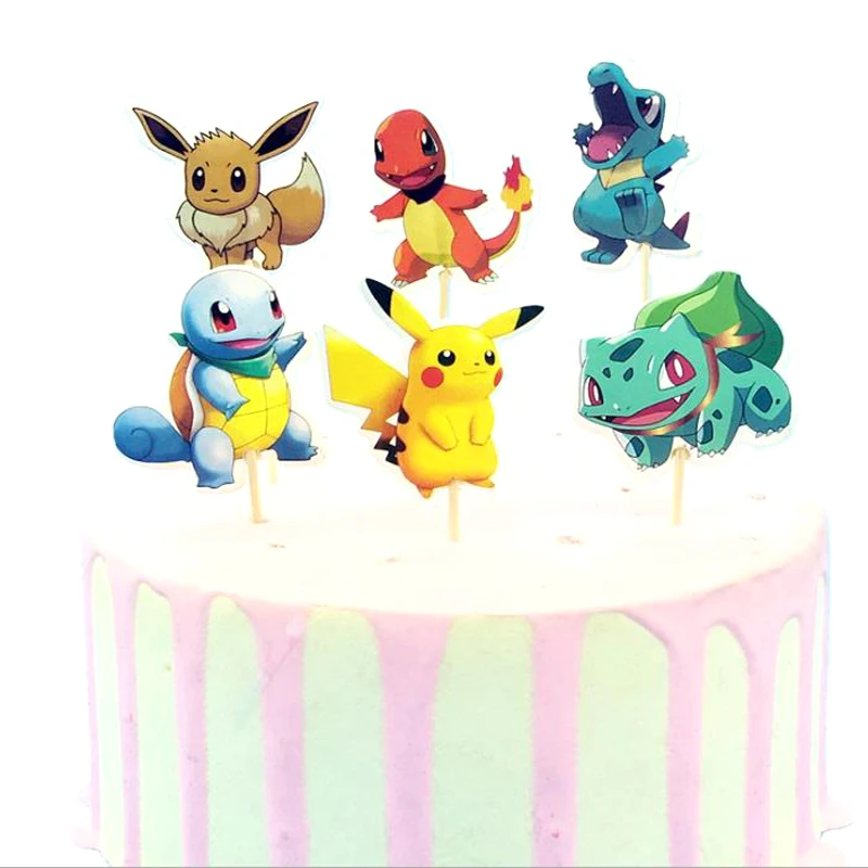 

Pikacho Theme Happy Birthday Party Boys Kids Favors Cartoon Cake Picks Decoration Cupcake Toppers Baby Shower Supplies 24pcs/lot