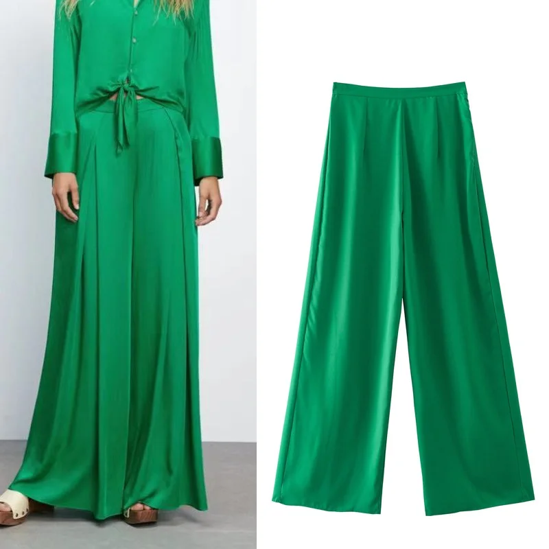

Брюки TRAF Za женские с широкими штанинами, свободные штаны с завышенной талией, модная уличная одежда, зеленые, на лето 2021