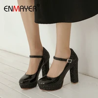 enmayer round toe patent leatherbasic pu high heel booties buckle strap wedding shoes fashion springautumn women shoes