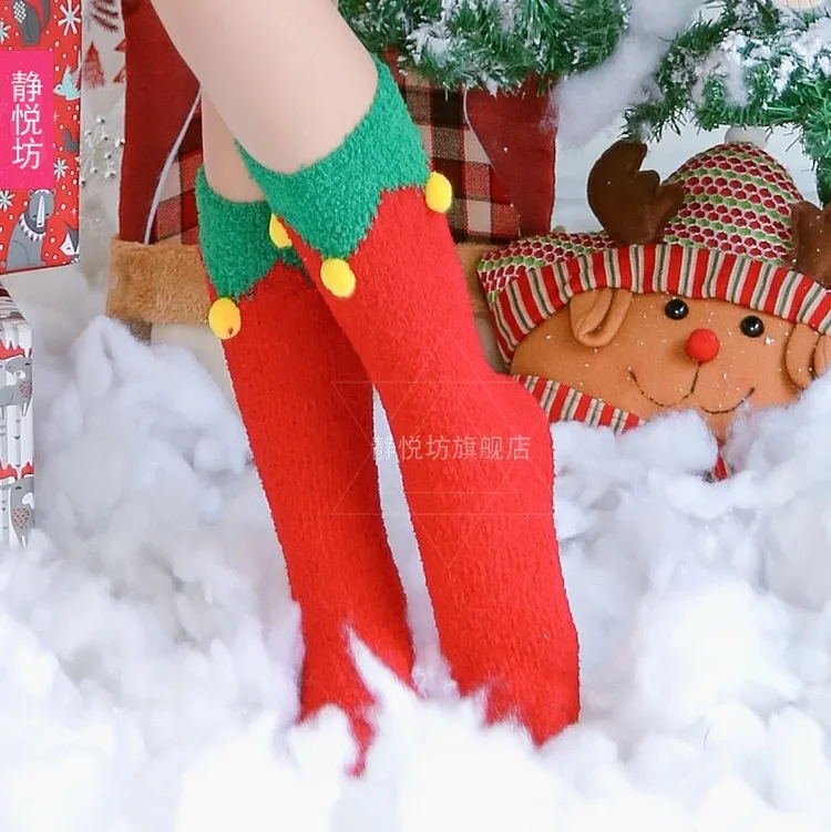Japanese Christmas coral velvet floor socks thigh socks adult calf socks Christmas tree elk Christmas accessories props