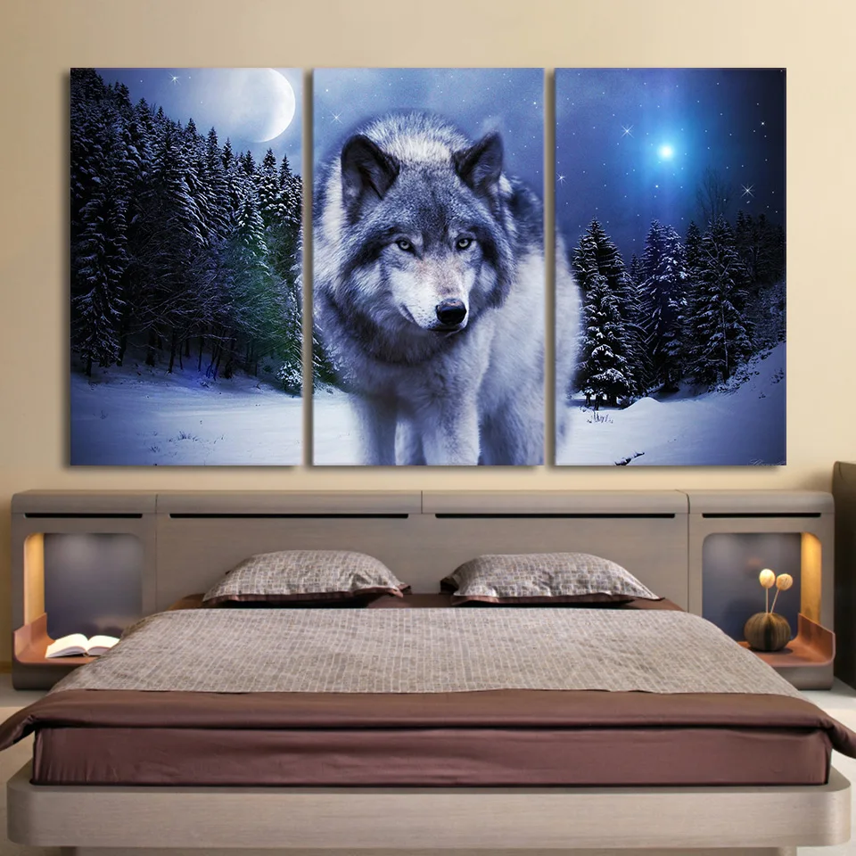 

Canvas Painting Poster 3 Panels Animal Snow Wolf Wall Art Modular HD Prints Pictures Modern For Living Room Home Decor Framed