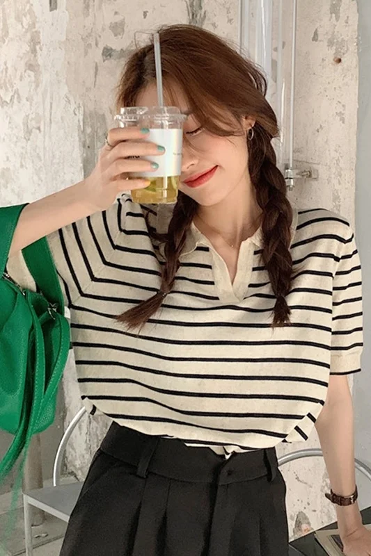 Женская Полосатая футболка с коротким рукавом женский корейский Свободный