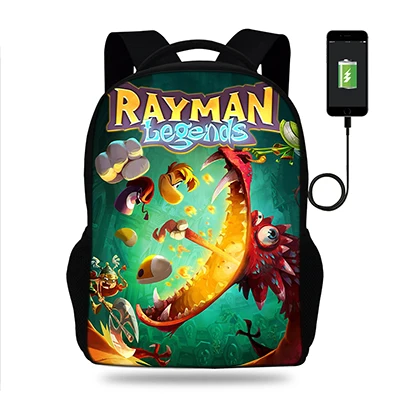 17 дюймов Rayman legends adventures рюкзак мужской USB порт рюкзаки для подростков мальчиков девочек школьные сумки ноутбук повседневные Рюкзаки