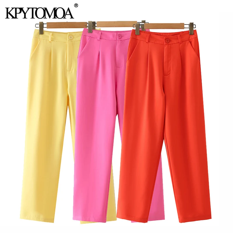 

KPYTOMOA Women Fashion Side Pockets Straight Pants Vintage High Waist Zipper Fly Female Trousers Mujer