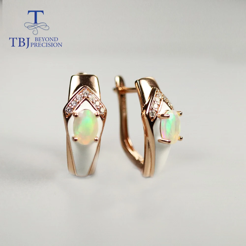 

Tbj new enamal design Opal Earring natural colorful ethiopia gemstone oval cut 5*7mm fine jewelry 925 sterling silver for women