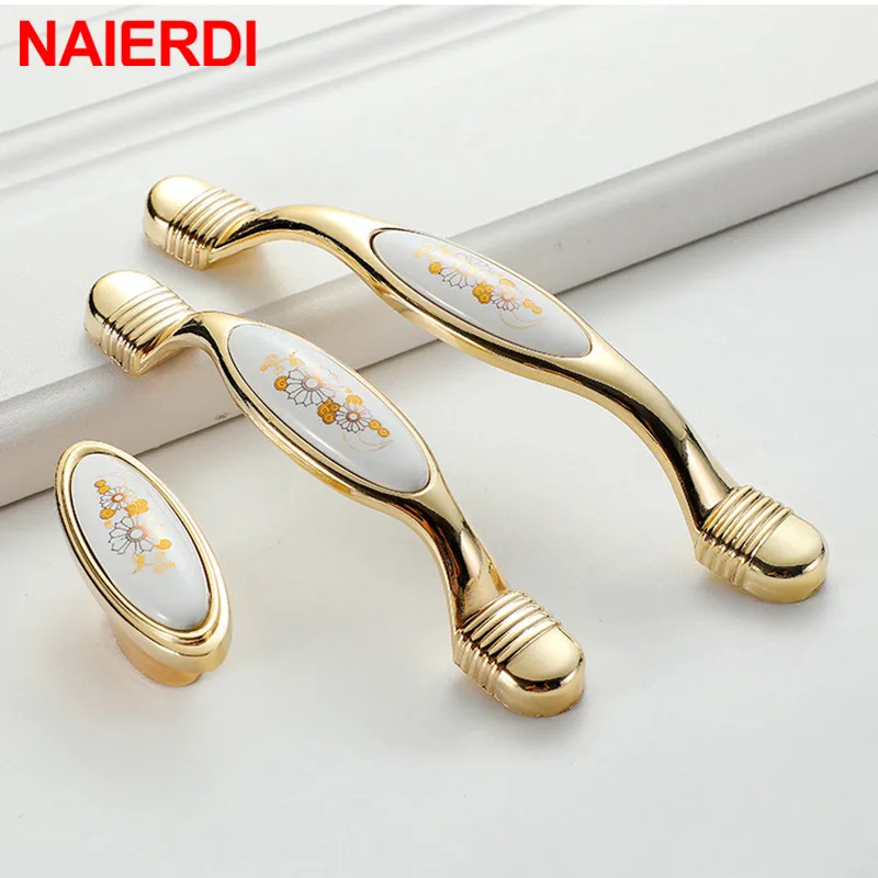 NAIERDI 10 шт. китайские керамические золотые белые ручки шкафа из цинкового сплава
