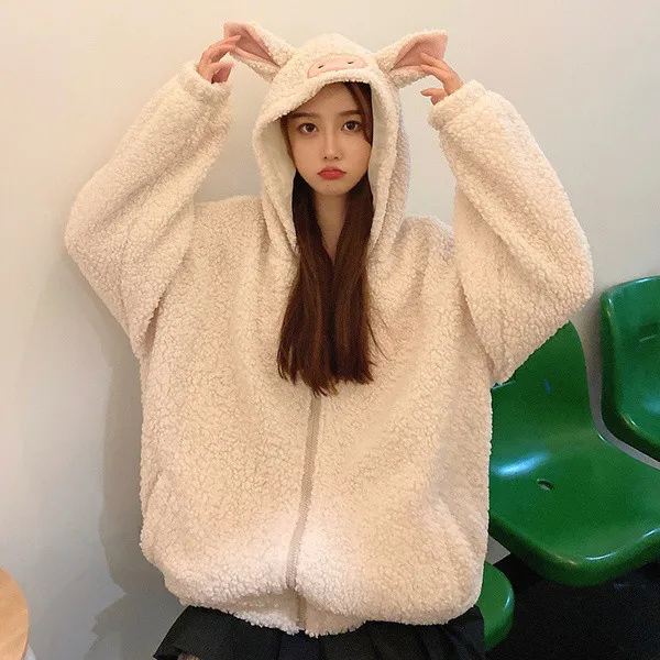 

Kawaii Pig Ears Hoodies Japan Style Women Sweet Solid Colors Zipper Sweatshirts 2021 Spring Autumn New Fashion Cottagecore Coats