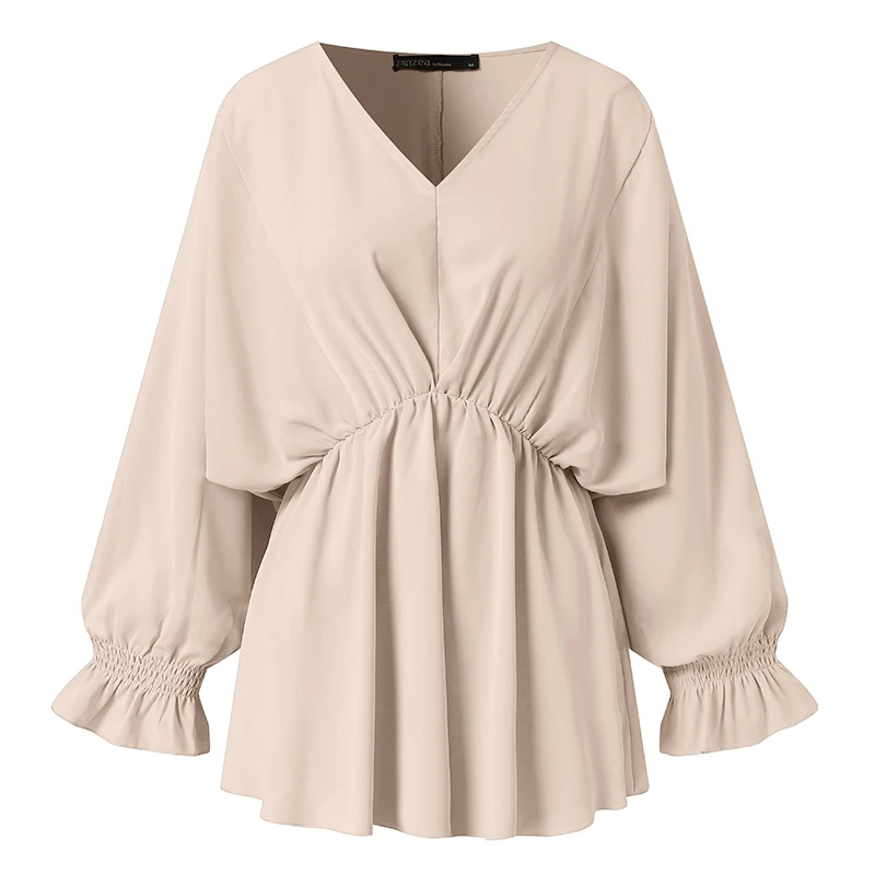 

Fashion ZANZEA Women Spring Long Flare Sleeve Shirt Elegant V Neck Pleated Ruffles Blouse Casual Work OL Tops Chemise Blusas