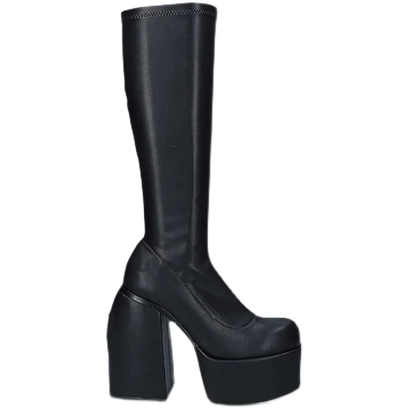 

Punk Style Autumn Winter Boots Elastic Microfiber Shoes Woman Ankle Boots High Heels Black Leather Boot Platform Shoes For Women
