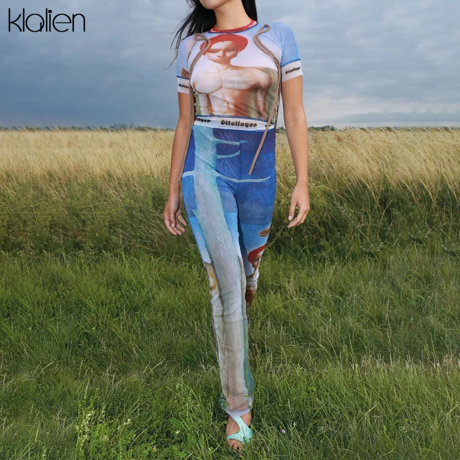 

Комплект из двух предметов KLALIEN Женский, сетчатый топ с коротким рукавом и штаны с принтом в стиле Харадзюку, спортивная одежда для фитнеса