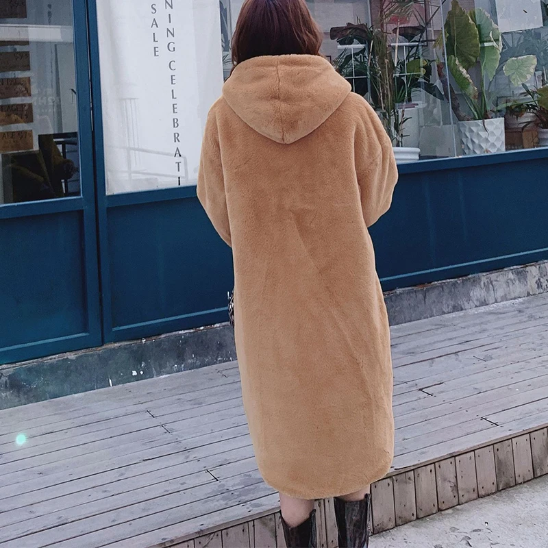 

Women's faux fur long cardigan coat winter hooded warm solid color thickening female coat elegant knee length coat outwear