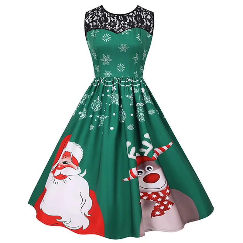 

Women Party Dress Christmas Sleeveless Santa Claus Print Elegant Vintage Lace High Waist Winter Xmas Clothes Sundress