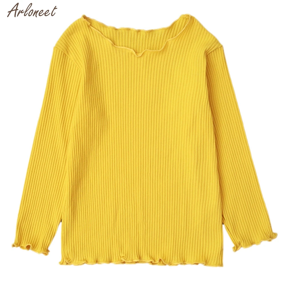 Yellow Однотонные топы с длинными рукавами и волнистыми краями для маленьких девочек; блузка; одежда для детей; модная повседневная одежда; Новинка года - Цвет: Yellow