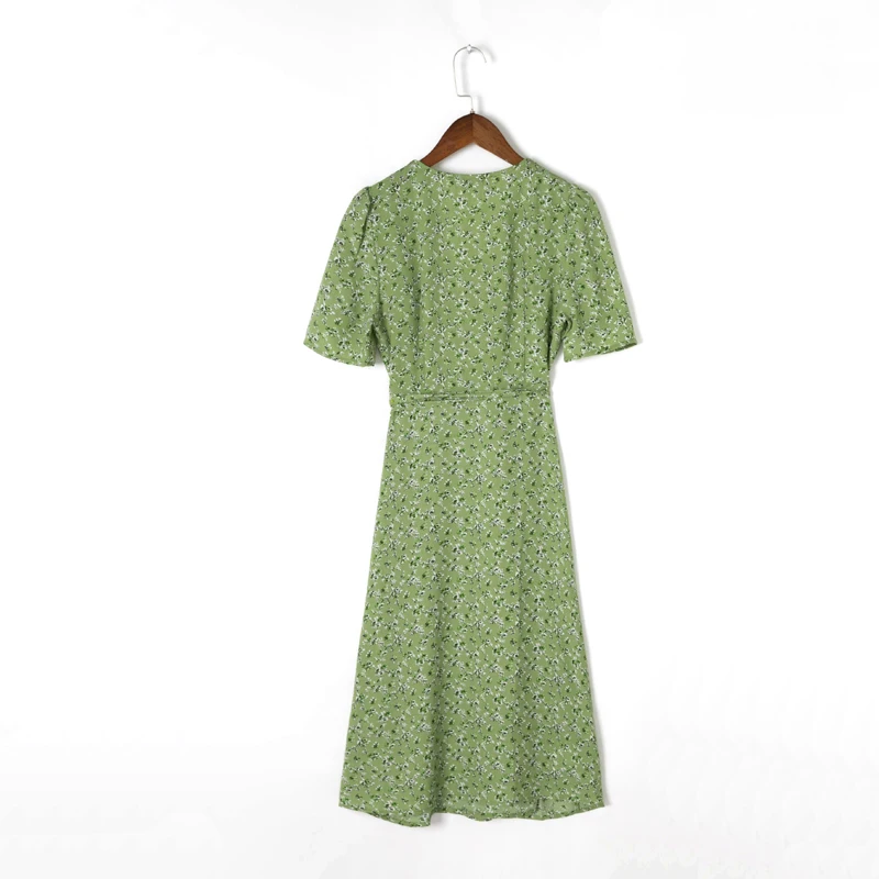 

Summer Women's Casual Printed V-neck Short Sleeve Belted Slim Dress