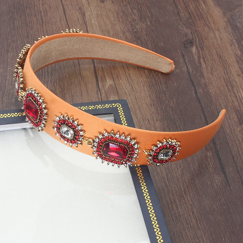 Wide Vinatge Baroque Luxury Red Crystal Tiara Queen Headband Sparkly Rhinestone Hairband For Women Wedding Hair Accessories