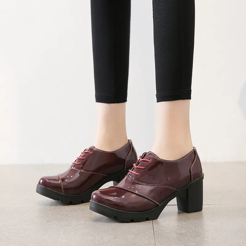 

Patent Leather Thick High Heels Women Shoes Vintage Ladies Platform Brogues Shoes Large Size 34-43 Oxford Pumps Shoes For Woman