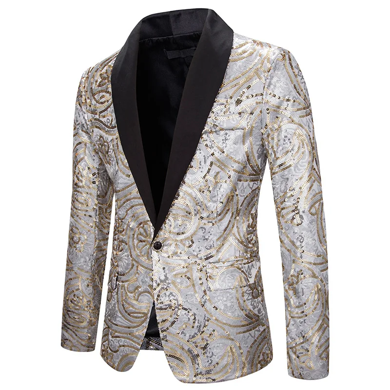 Luxury Glitter Blazer Men Fashion Golden Silver Sequin Single Button Blazer Hombre Nightclub Stage Slim Fit Mens Christmas Suit