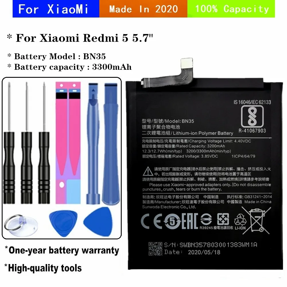 

2020 Years 3300mAh Phone Battery for Xiaomi Redmi 5 5.7" High Quality Phone Replacement BN35 Rechargeable Batteries