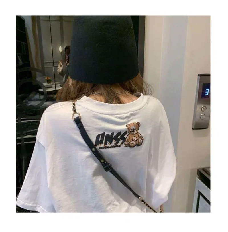 

Summer Cute Big Bear Print Khaki Black Casual Women Shirts Short Sleeves Harajuku Kawaii T Shirt Plus Size Shirts for Women