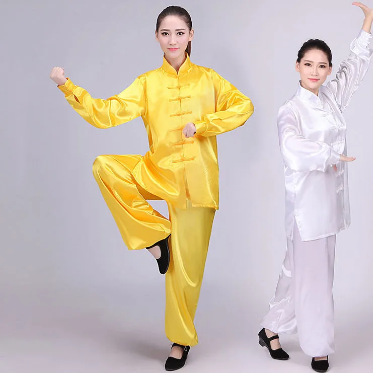 

Hinese Traditional Clothing Set Man Woman Tai Chi Satin Silk Kung Fu Uniform Wushu Top Pants Training Performance Costumes