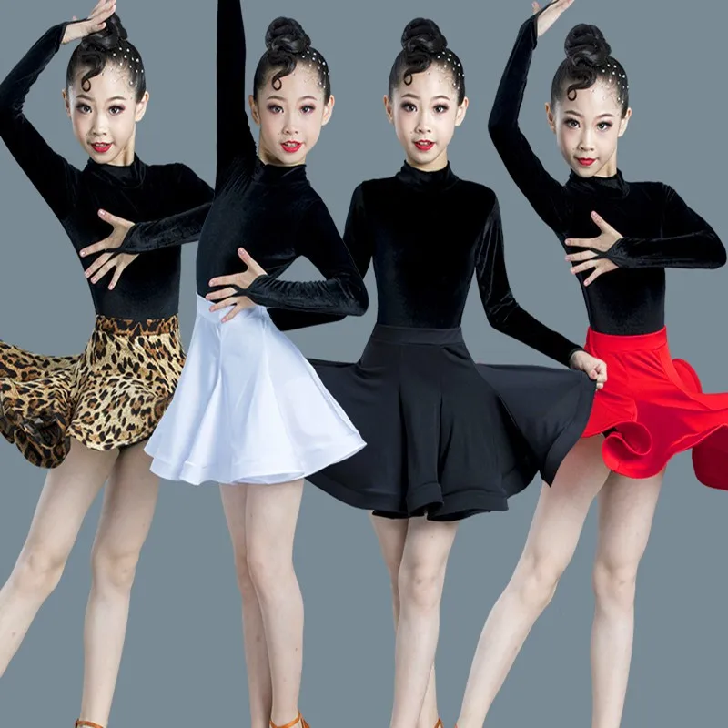 Leopard Print Girls Latin Dance Fringe Dress Kids Ballroom Competition Evening Party Stage Performance Clothing Top+skirt Set |