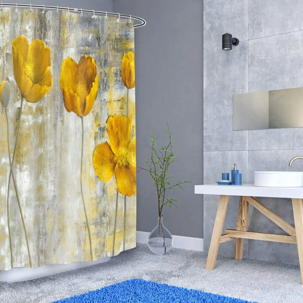 Занавеска для душа с желтыми цветами картина акварелью цветочный дизайн всей