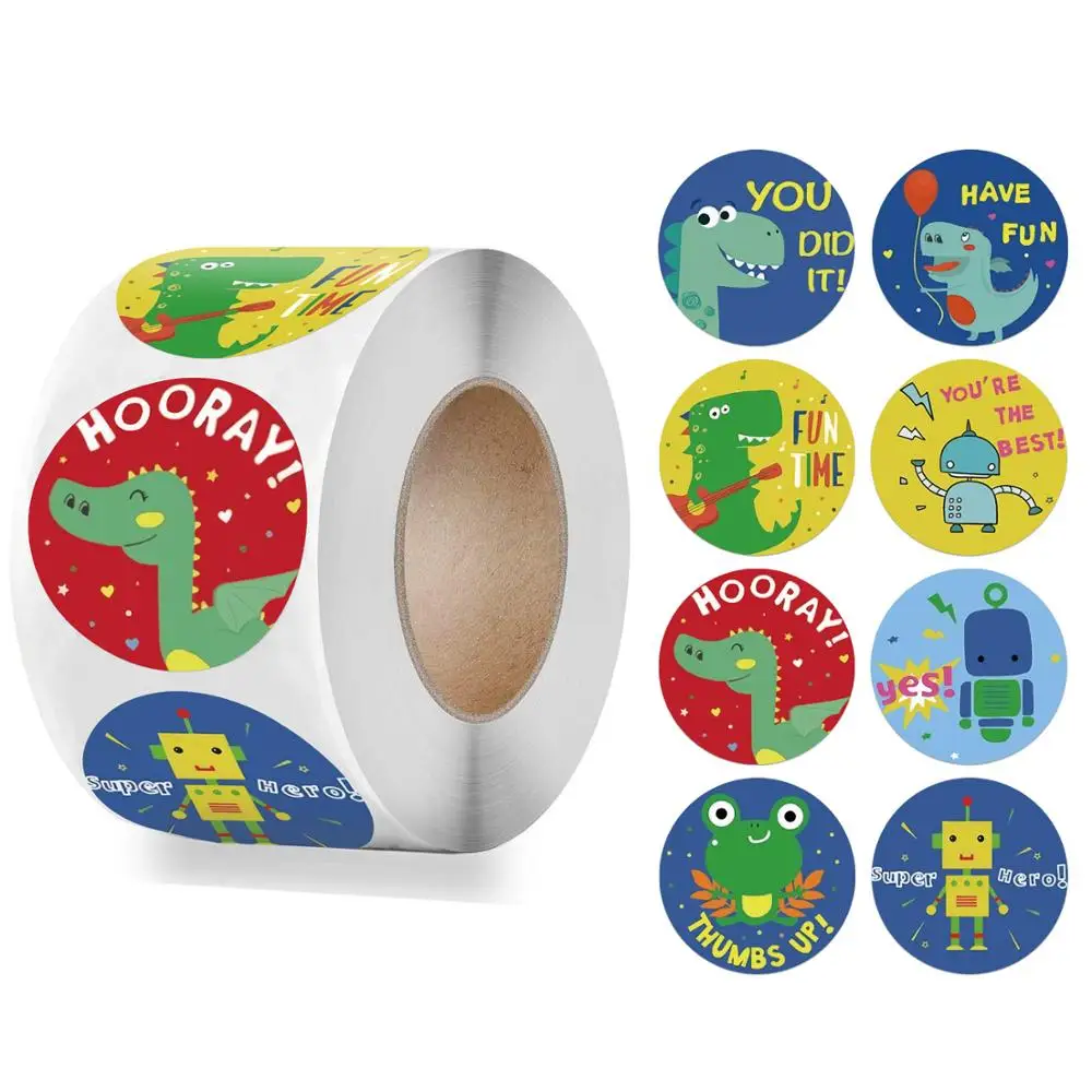 

500pcs/roll English Words 8 Designs Encourage Labels for Kids Toy 1 inch Round Sticker Cute Dinosaur Animals Reward Sticker