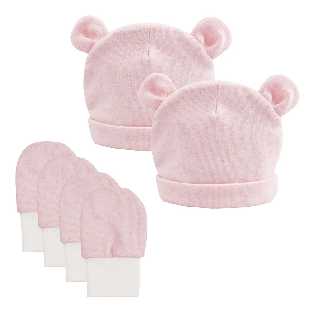 Pink Set Милая шапочка для новорожденных; хлопковая однотонная шапка для новорожденных мальчиков; шапка с медвежьими ушками и кроличьими ушками для маленьких девочек; шапочка для новорожденных; сезон весна-лето - Цвет: Pink Set