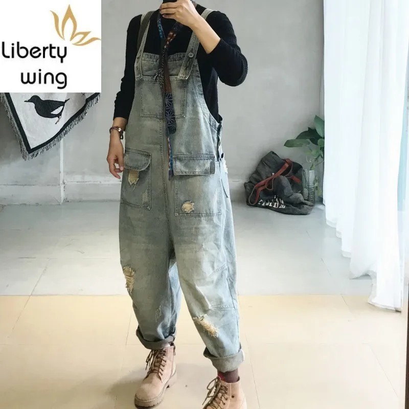 Vintage Loose Denim Jumpsuits Women Autumn Winter Ripped Hole Pocket Cowgirl Overalls Streetwear Casual Trousers Female M L