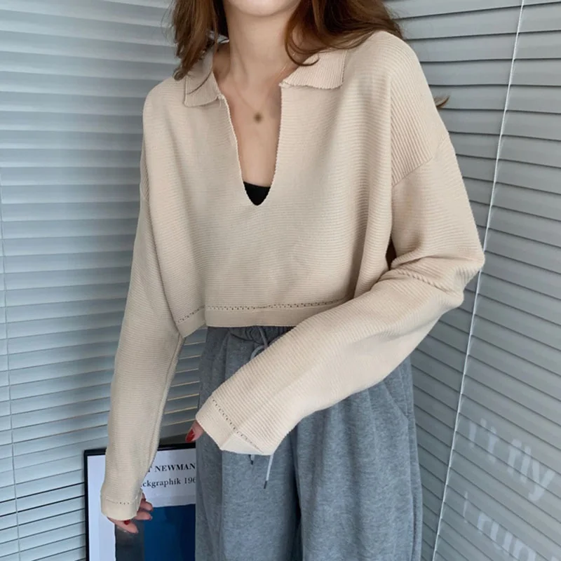 

Women's Sexy Navel Exposed Long-sleeved Knit Pullover Autumn V-neck Loose Casual Solid Color Short Tops