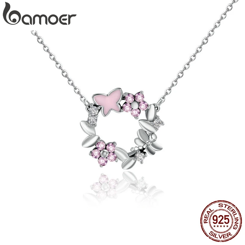 BAMOER 925 пробы, серебряный, розовый цвет, поэтическая ромашка, цветущая вишня венок Для женщин ожерелья с подвесками Стерлинговое Серебряные ювелирные изделия SCN098