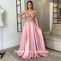 pink long spaghetti traps evening dresses prom graduation v neck applqiues wedding robe de soiree celebrity vestidos fiesta