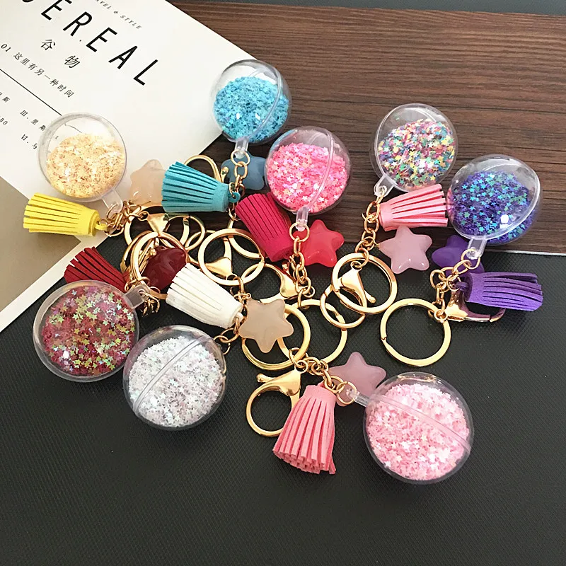 

Velvet Small Fringe Female Package Pendant Keyring Transparent Star Quicksand Ball Keychain Acrylic Five-pointed Key Chain