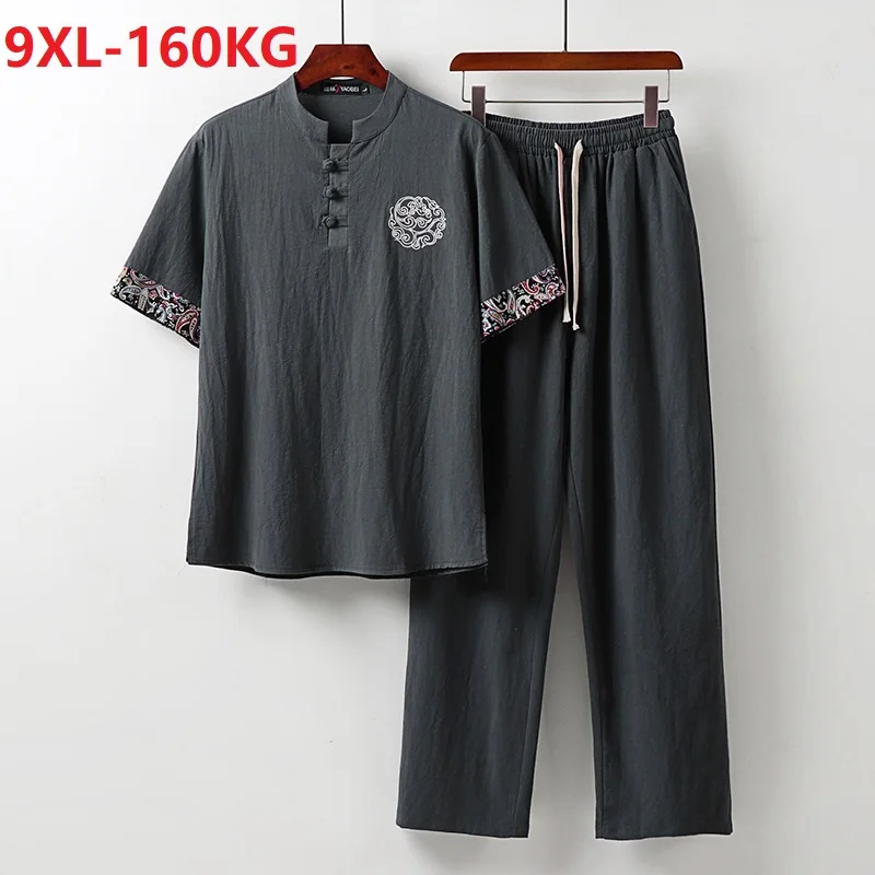 

summer Men homewear T-shirt short sleeve and pants linen cotton Chinese style big size 8XL 9XL vintage embroidery Tang suit tees