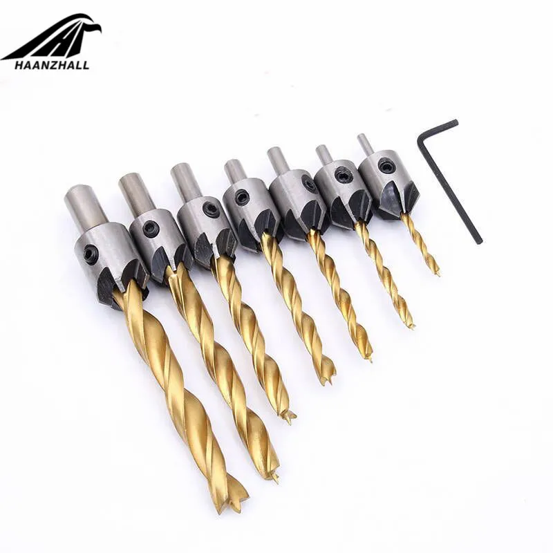 7PCS golden HZ инструменты 4 шт./лот HSS 5 Флейта Зенковка сверло пресс Набор развертки винт деревообрабатывающий инструмент фаски 3 мм-6 мм столярные - Цвет: 7PCS golden