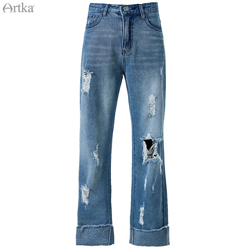 Женские рваные джинсы ARTKA синие прямые с высокой талией свободного покроя на