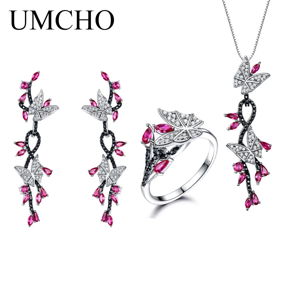 UMCHO 925 пробы Серебряный Ювелирный Комплект бабочка Романтический Рубин Черный шпинель драгоценный камень кольца кулон Висячие серьги для женщин подарок