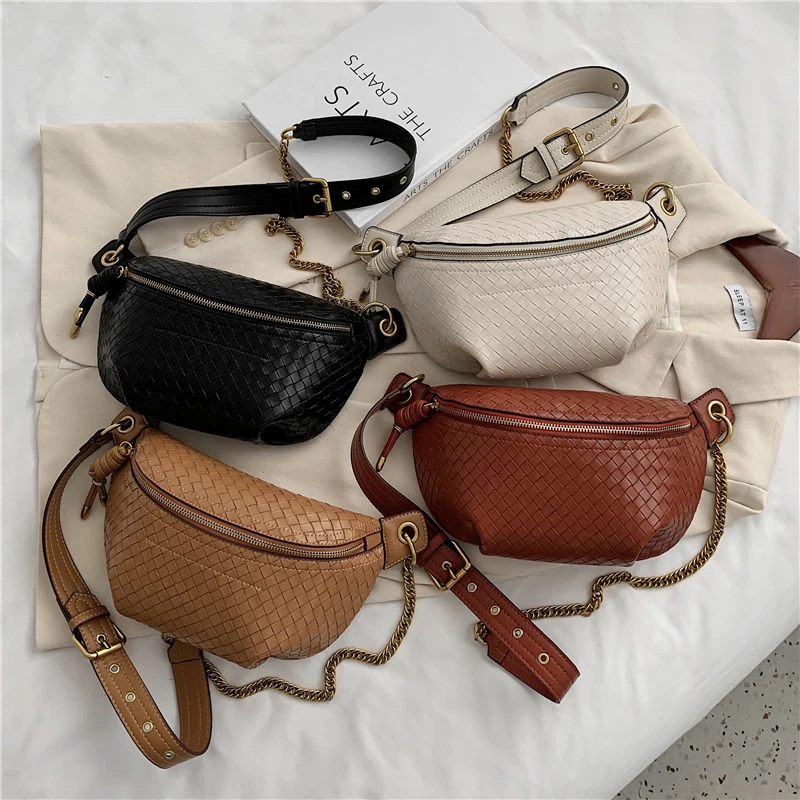 

Burminsa Woven Pattern Chain Strap Sling Chest Bags For Women Designer Brand Simple Waist Fanny Pack Belt Zipper Crossbody Bags