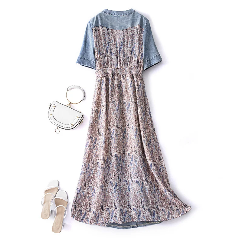 

Graceful 2021 Summer Womens Chiffon Patchwork Denim Dress Plus Size