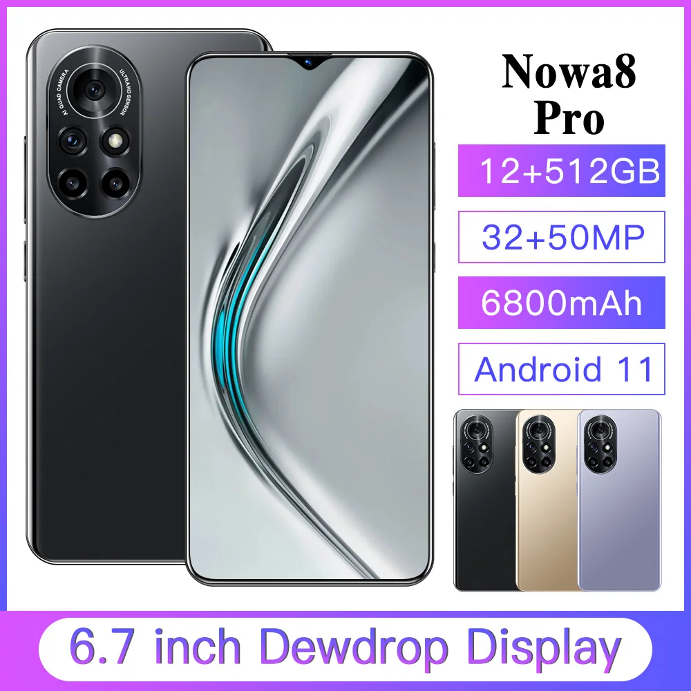 

Nova 8 Pro 6.7 Inch HD Big Screen Smart Phone 6800mAh 12GB 512GB 32+50MP ROM Smartphone Unlocked Dual Sim Mobile Phone