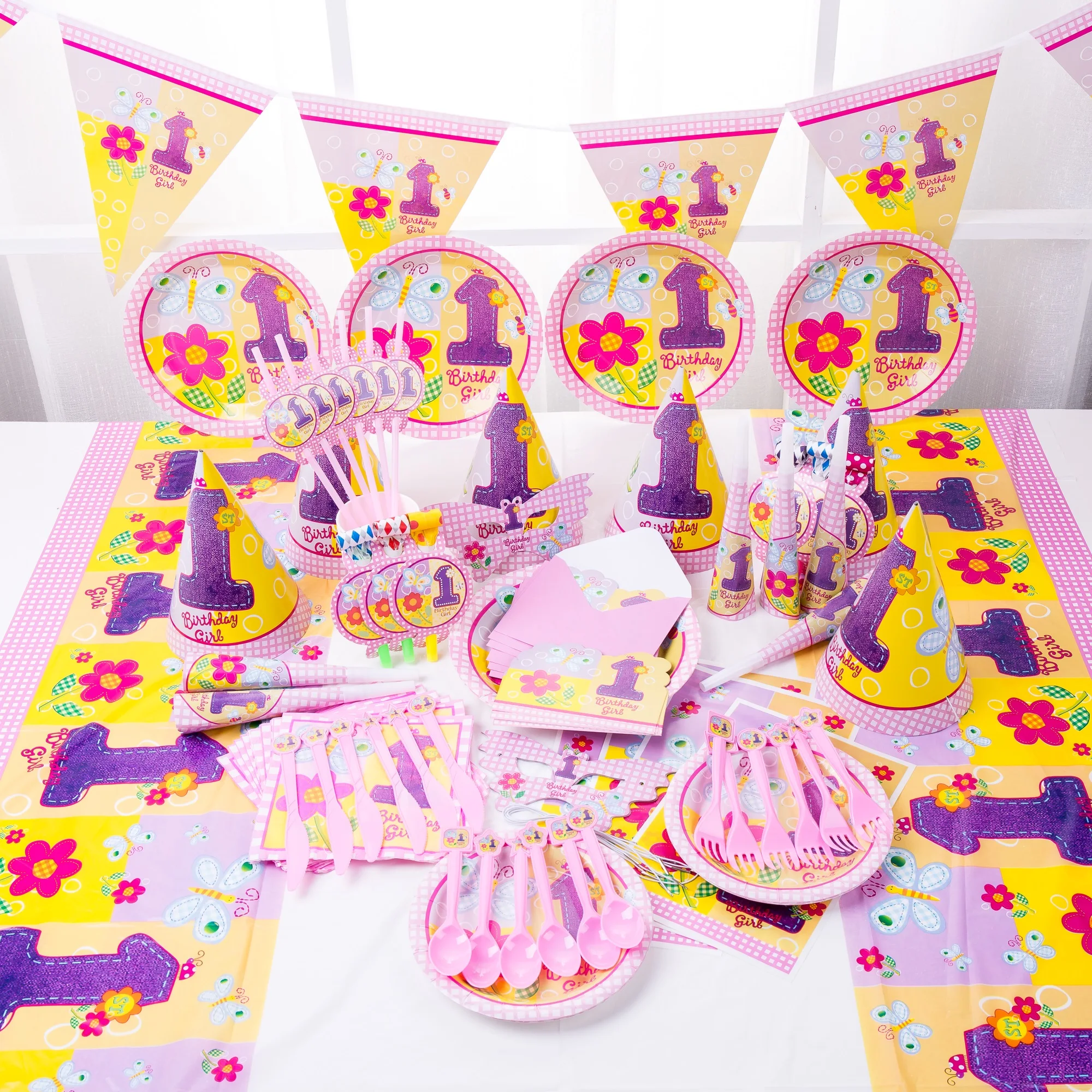 

1-year-old theme birthday party supplies paper tray cup birthday hat triangular flag baby shower birthday party decoration