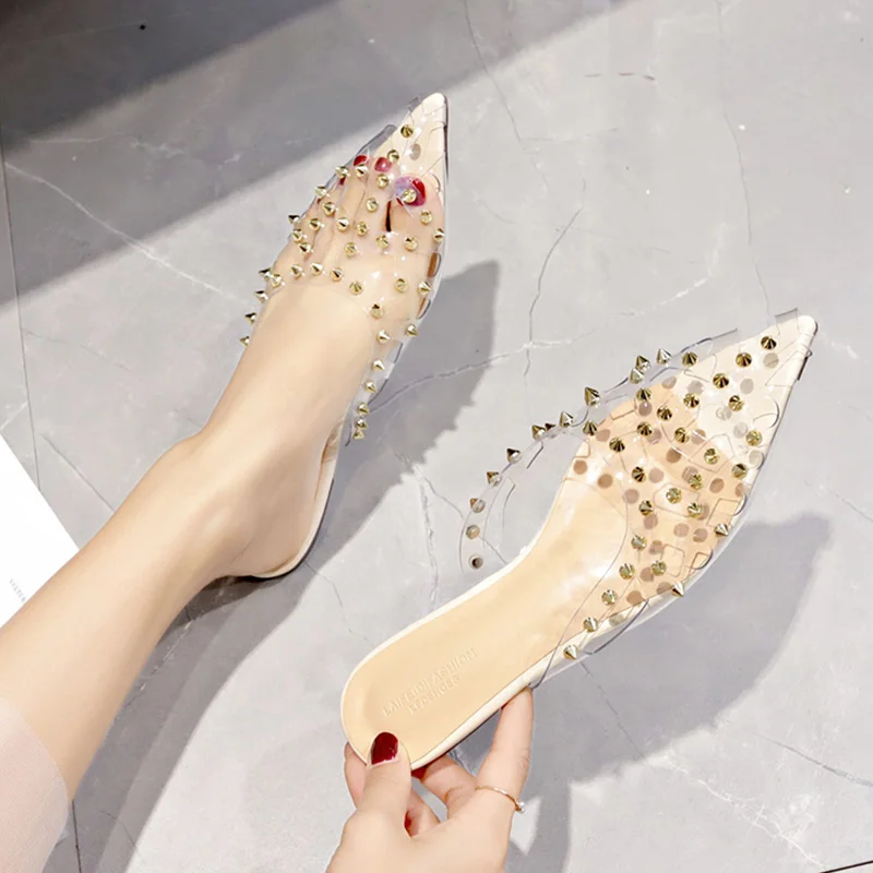 

2020 Summer New Transparent Riveting Nail Baotou Fashion Pointed Hollow Flat Bottom