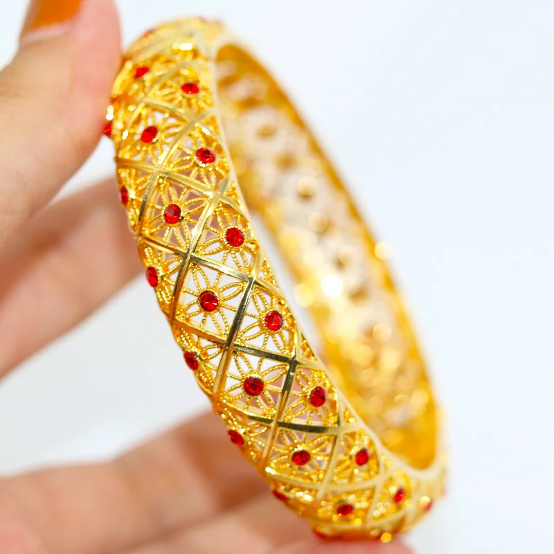 

1pcs Bengal Africa luxury dubai Bangles For Women With Red rhinestones Jewelry Saudi Arab Bracelets Habesha Indian Bride Gift
