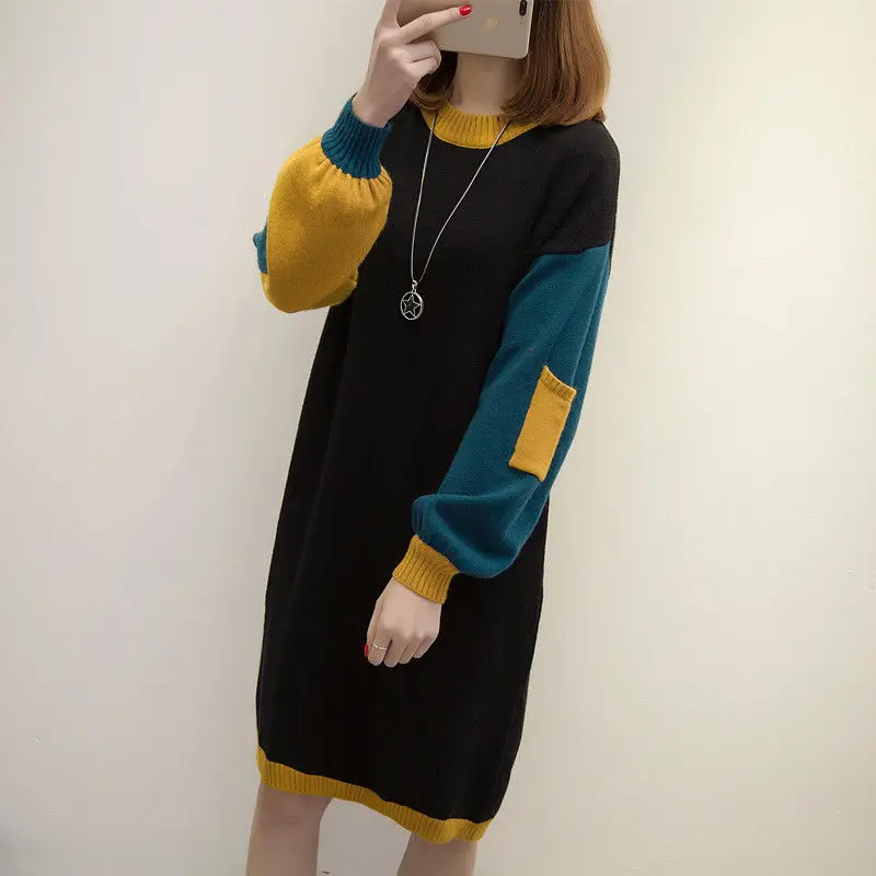 

Women Autumn Loose Embroidery Patchwork Knitted Dress Female Fashion Slim Long Sweater Dresses Ladies Oversized Dress P57
