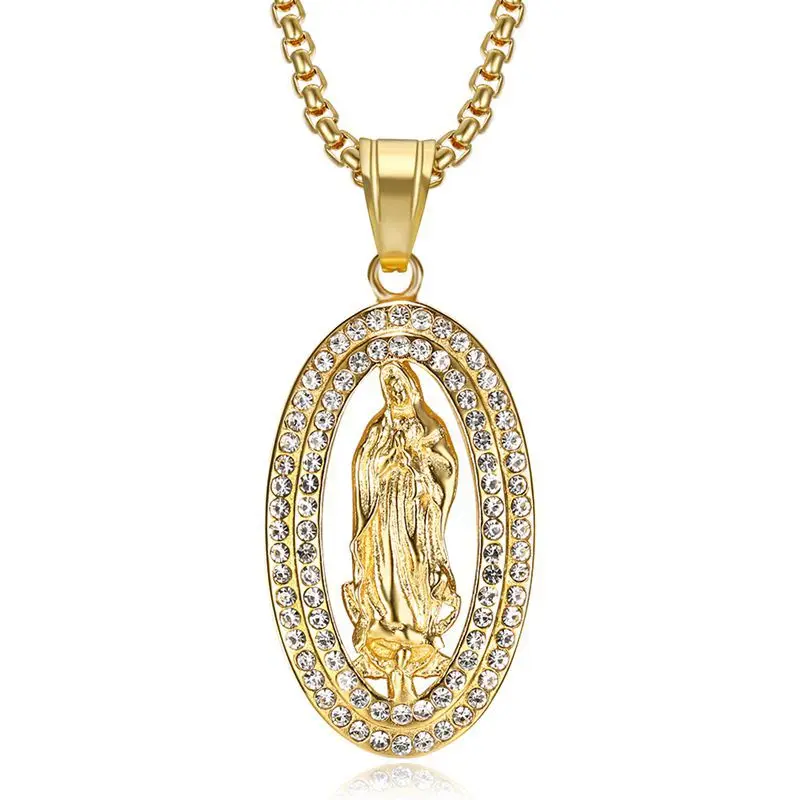 Хип хоп Bling Iced Out Золото Цвет Нержавеющая сталь Девы Марии Овальные Подвески