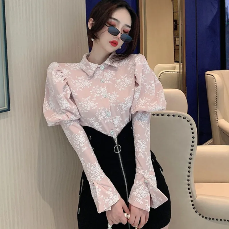 

New 2021 Korean Spring Women Turn Down Collar Puff Sleeve Flowers Jacquard Shirt Tops Cotton Polyester Blouse Office Lady