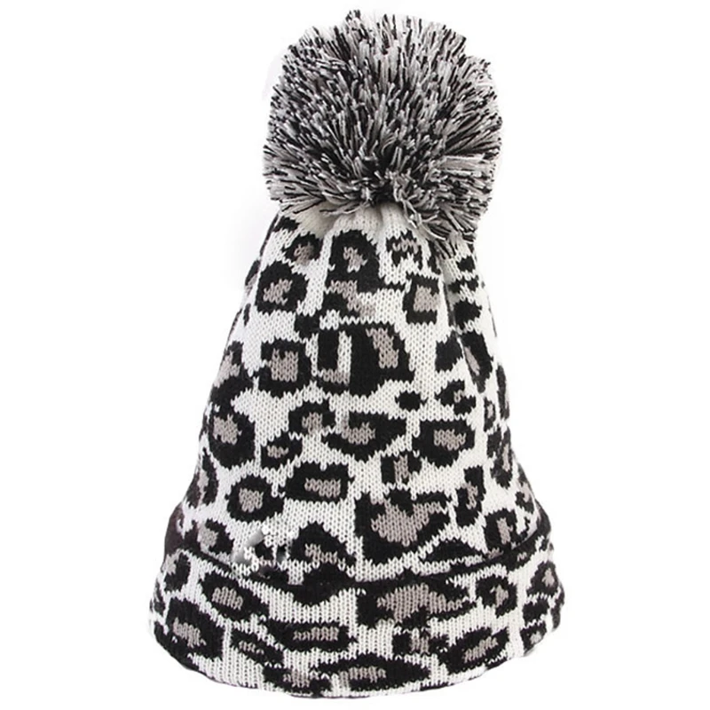 

Women Winter Knitted Beanie Hat Ear Warmer Vintage Leopard Pattern Jacquard Stretch Cuffed Ski Skull Cap with Pom Pom