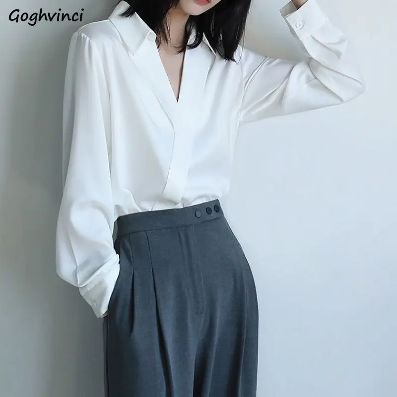 

Blouse Women Fashion New Arrival V-Neck Sexy Design Temperament Loose Chiffon Soft Office Lady Korean Trend White Black Pure Top