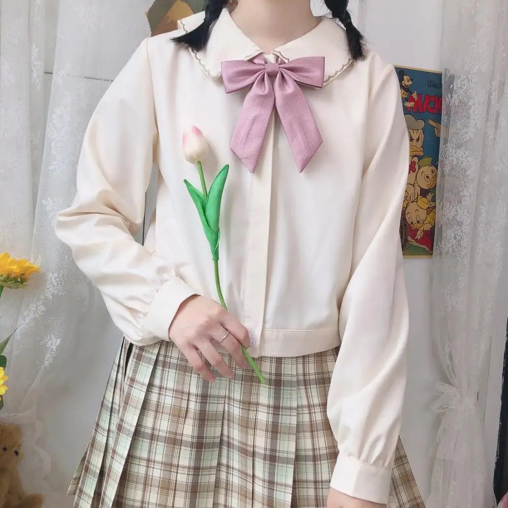 

Autumn New JK Uniform Girl Blouse Flower Embroidery Lapel Long Sleeve Solid Color All-match Shirt Vintage Art Loose Tops Women